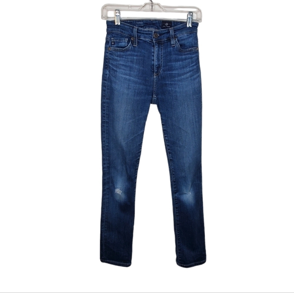 AG The Mari High Rise Straight Jeans Sz 26R, Medium Blue Wash, Gold Stitch - Picture 2 of 8